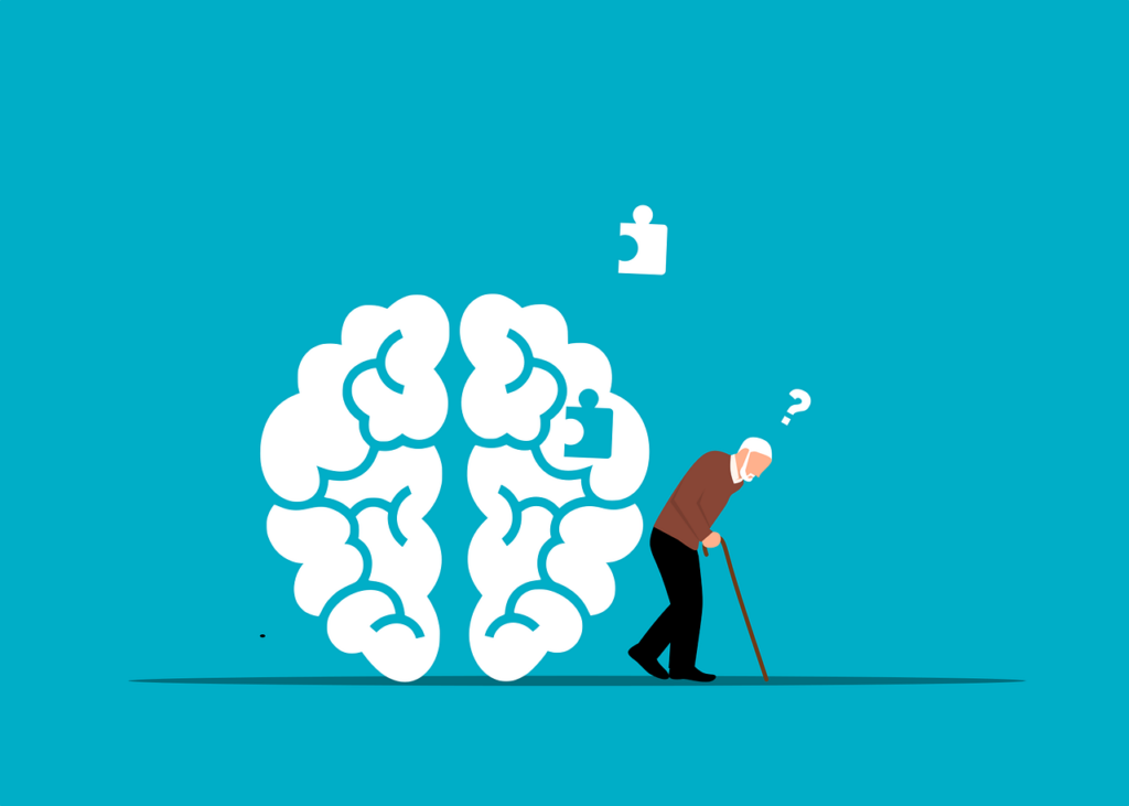 Cartoon of a big white brain behind an older adult walking with a cane to represent dementia.