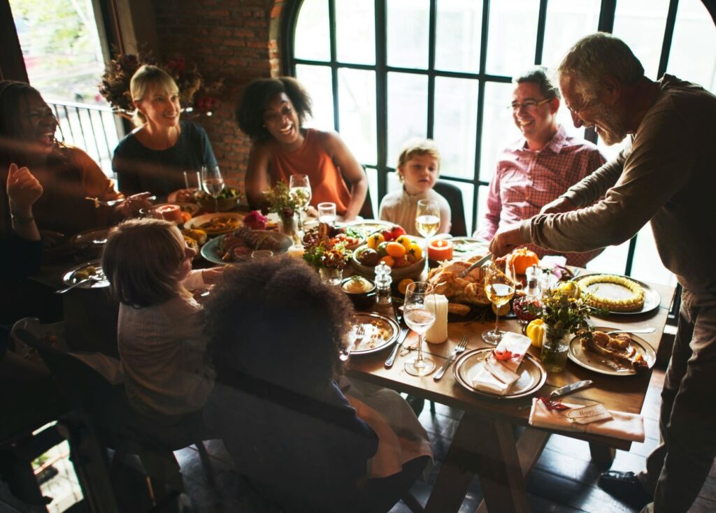 A family celebrates Thanksgiving.