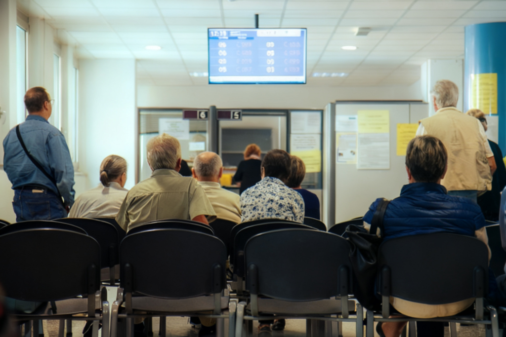adults in a emergency department waiting room facing the counter with a screen above showing wait times