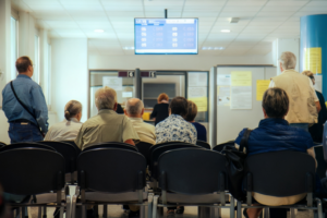 adults in a emergency department waiting room facing the counter with a screen above showing wait times